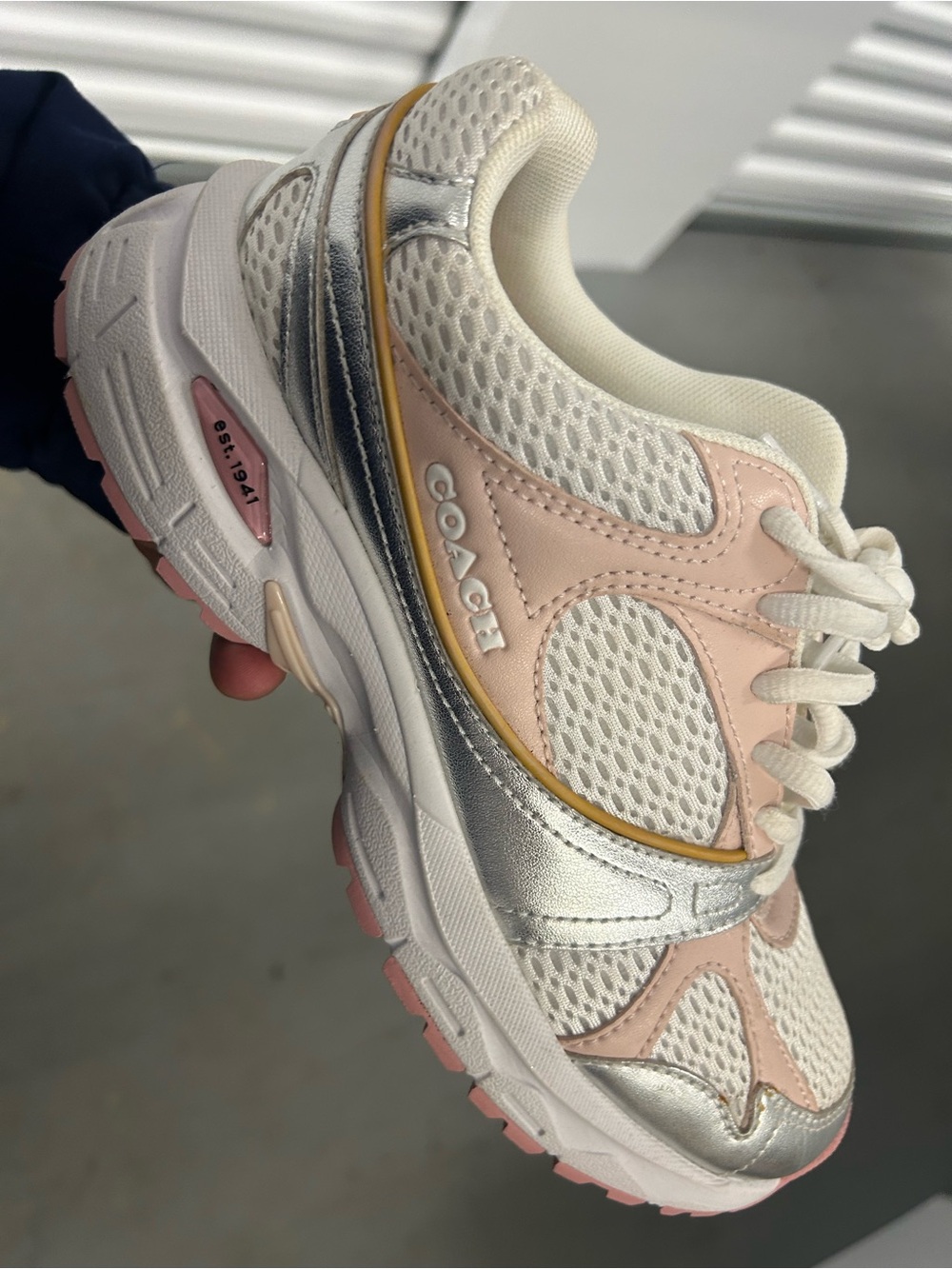 Coach Women's Chunky Mesh & Leather Sneakers in White, Pink, Silver
